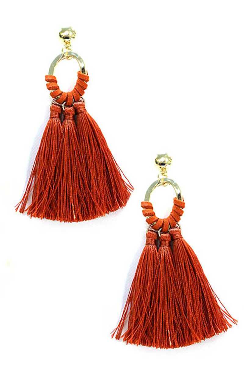 Oval shape metal linked tassel drop earring