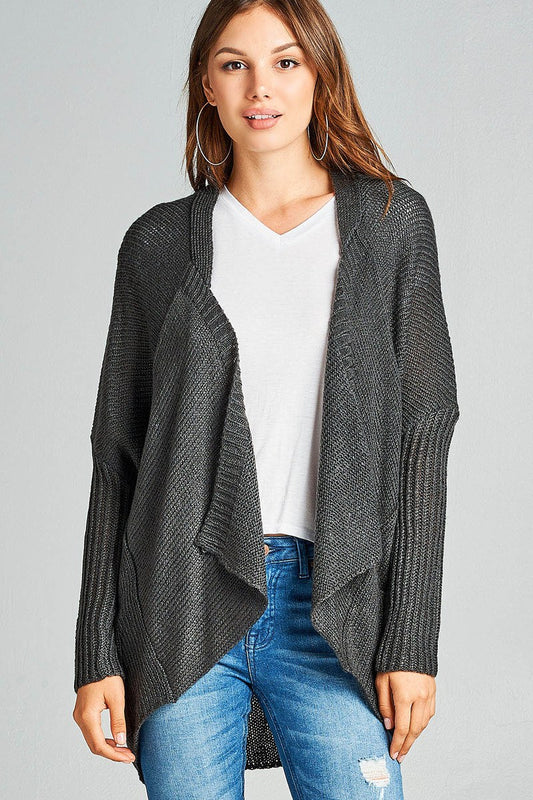 Long sleeve open drape knit sweater cardigan w/ pocket