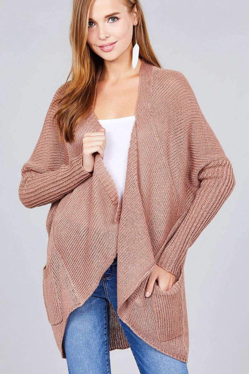 Long sleeve open drape knit sweater cardigan w/ pocket