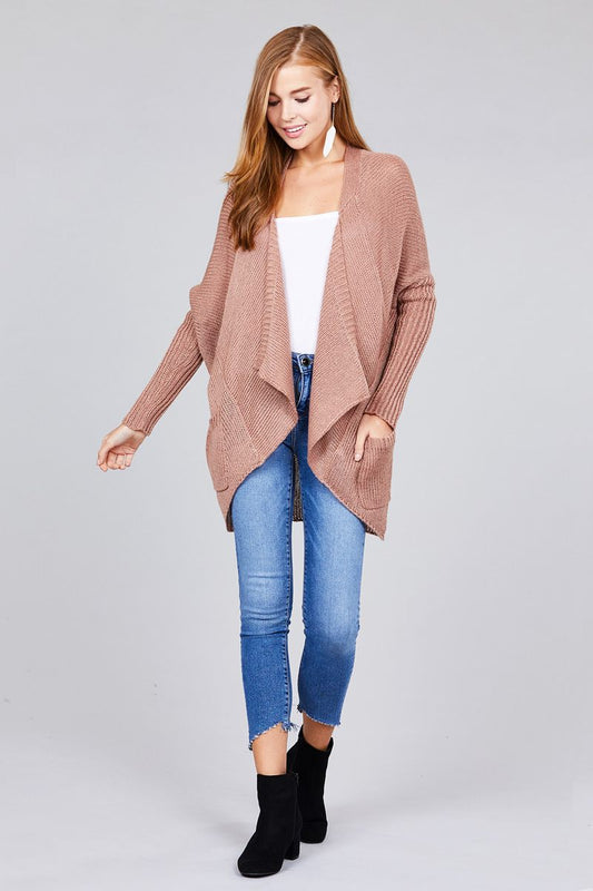 Long sleeve open drape knit sweater cardigan w/ pocket