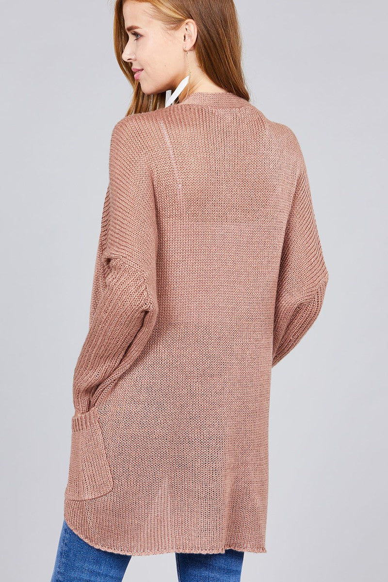Long sleeve open drape knit sweater cardigan w/ pocket