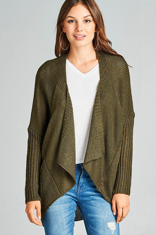 Long sleeve open drape knit sweater cardigan w/ pocket