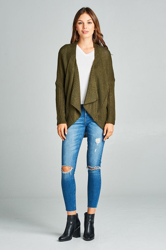 Long sleeve open drape knit sweater cardigan w/ pocket
