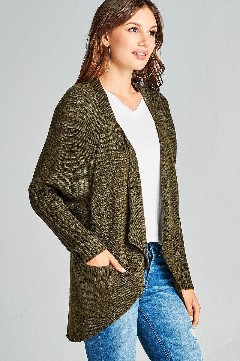 Long sleeve open drape knit sweater cardigan w/ pocket