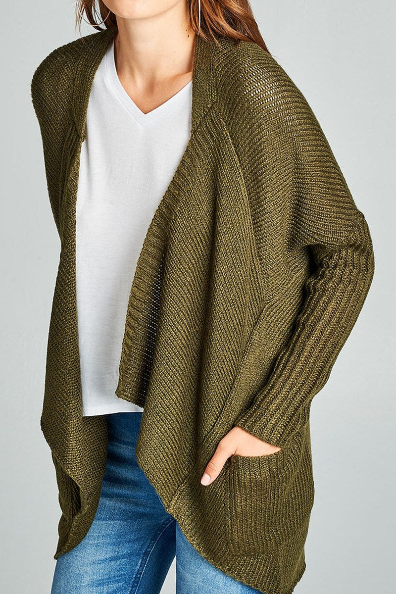 Long sleeve open drape knit sweater cardigan w/ pocket