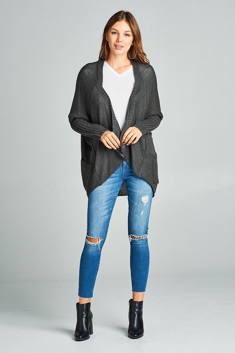 Long sleeve open drape knit sweater cardigan w/ pocket