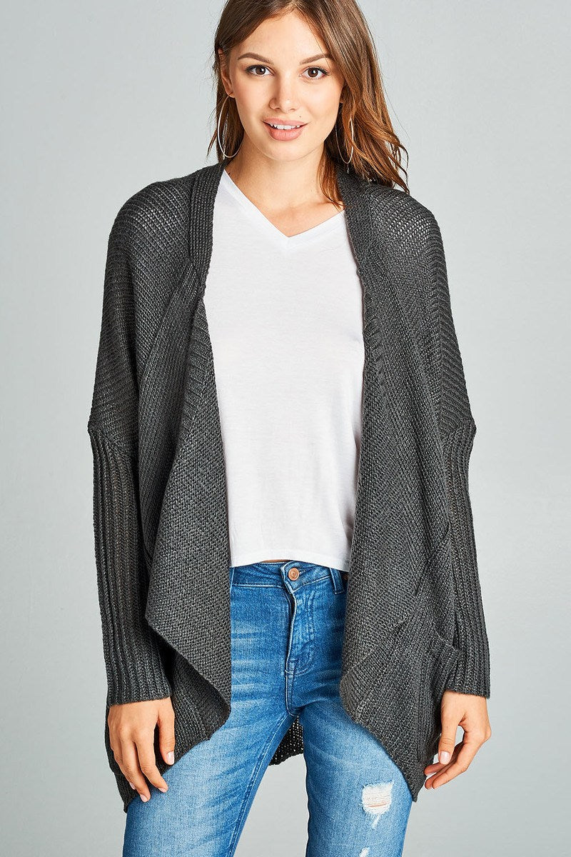 Long sleeve open drape knit sweater cardigan w/ pocket
