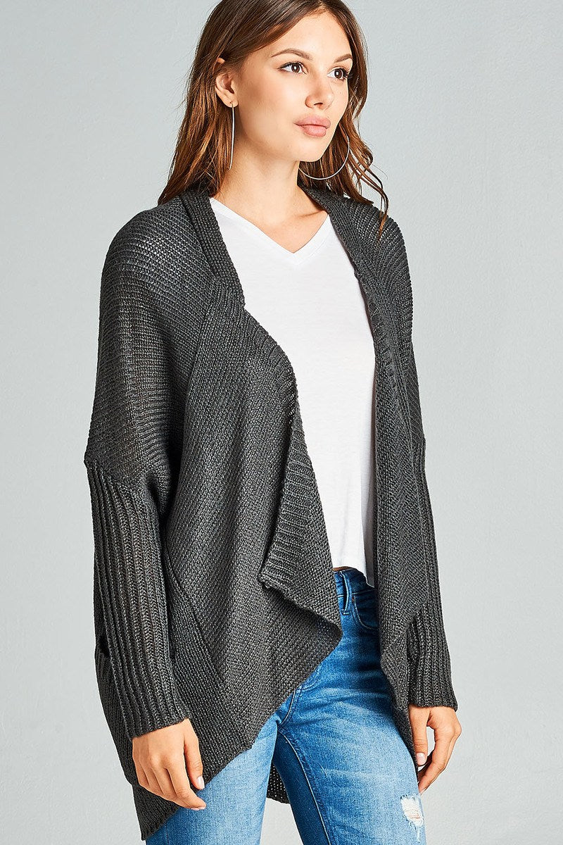 Long sleeve open drape knit sweater cardigan w/ pocket