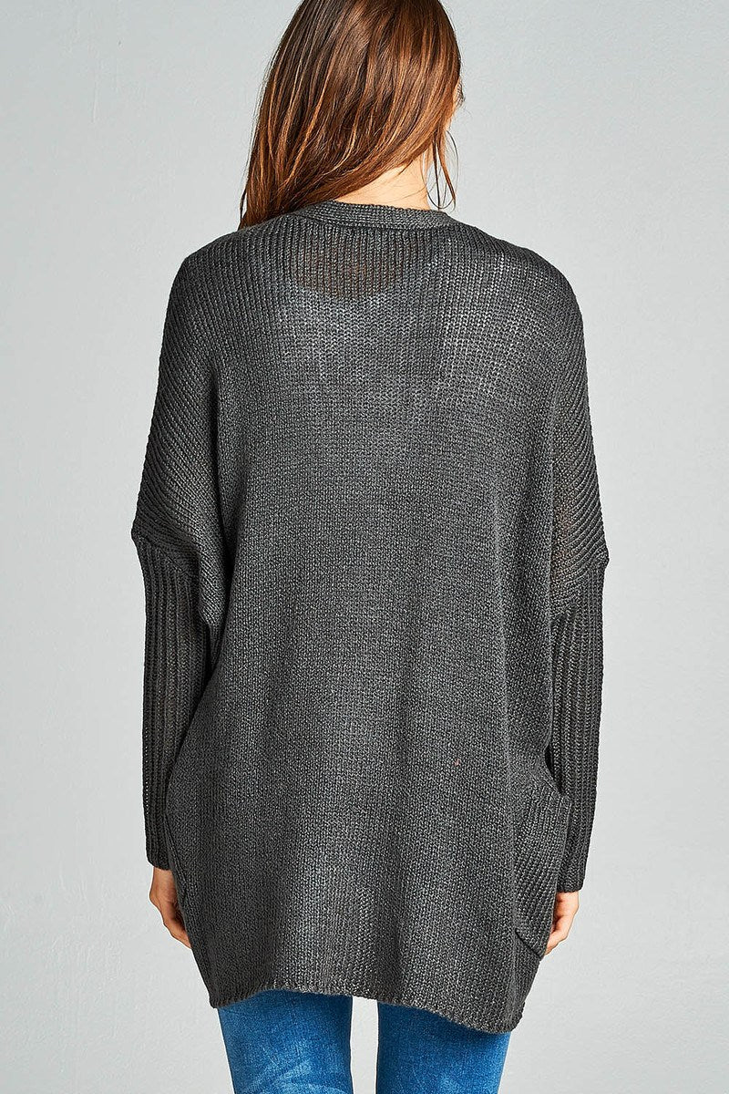 Long sleeve open drape knit sweater cardigan w/ pocket