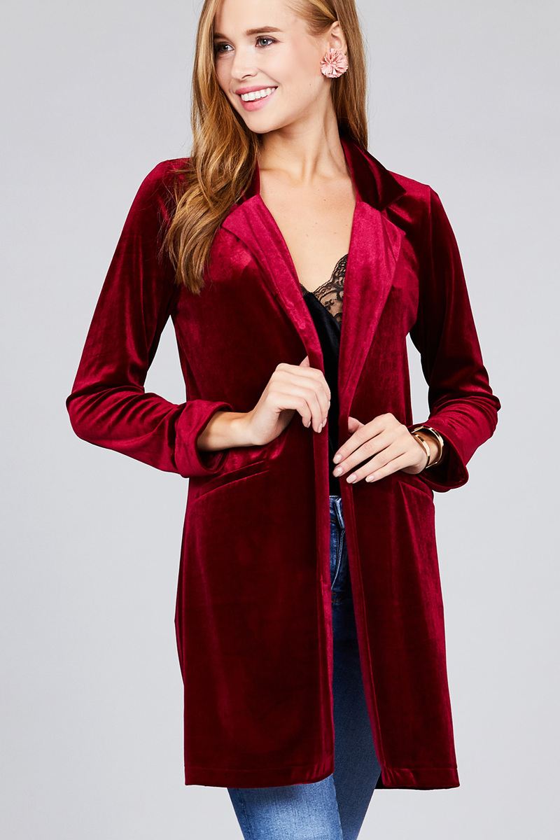 Long sleeve open front rounded lapel solid velvet long jacket