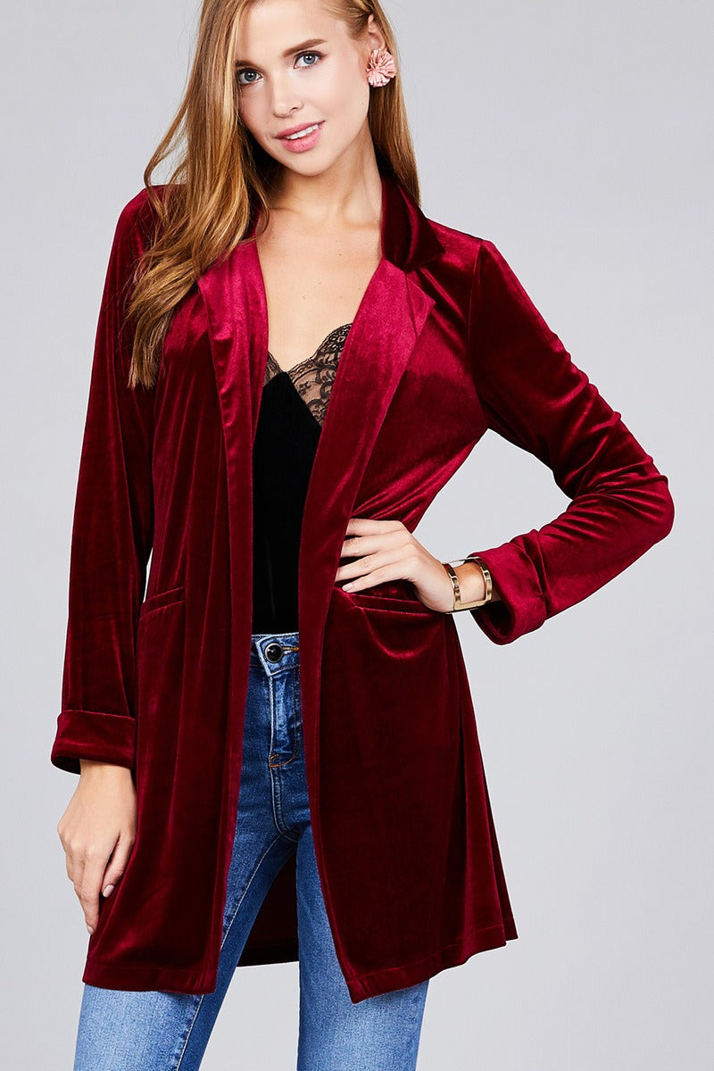 Long sleeve open front rounded lapel solid velvet long jacket
