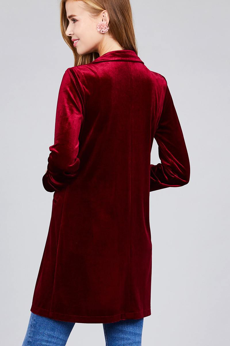 Long sleeve open front rounded lapel solid velvet long jacket