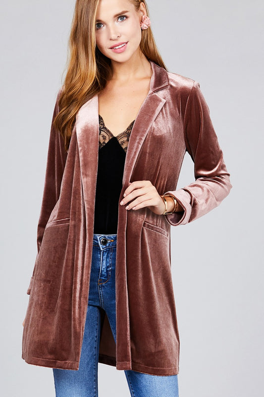 Long sleeve open front rounded lapel solid velvet long jacket