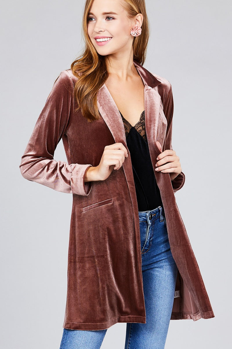 Long sleeve open front rounded lapel solid velvet long jacket