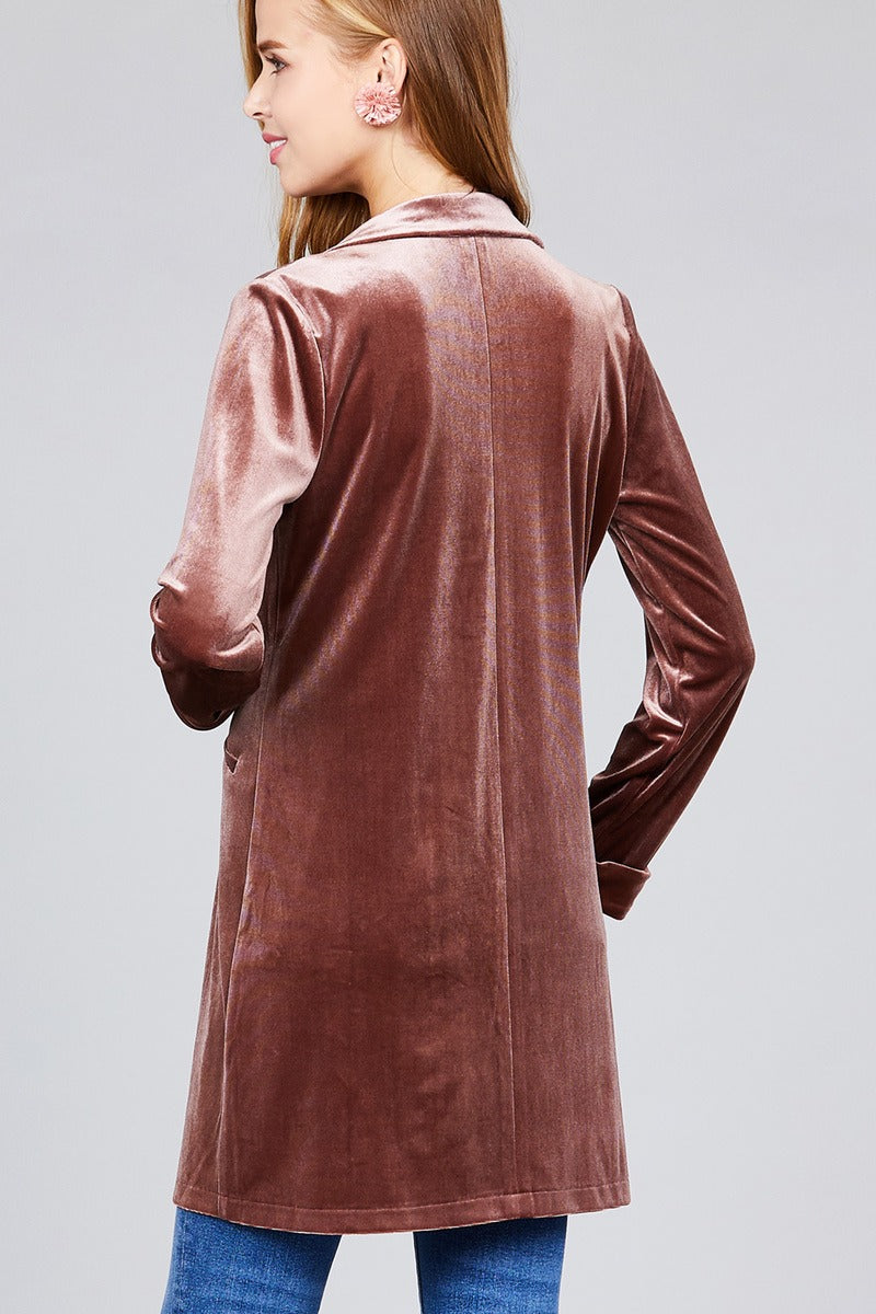 Long sleeve open front rounded lapel solid velvet long jacket