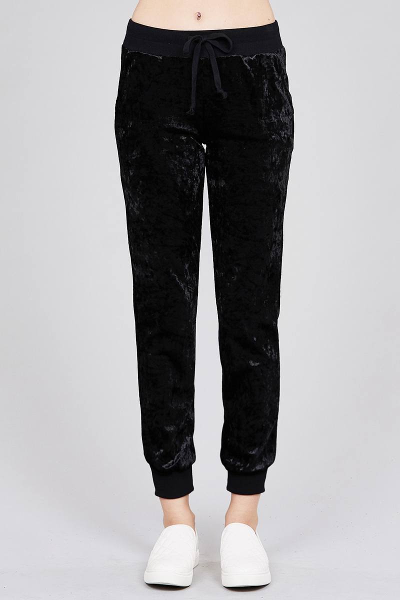 Waist contrast band w/drawstring ice velvet pants