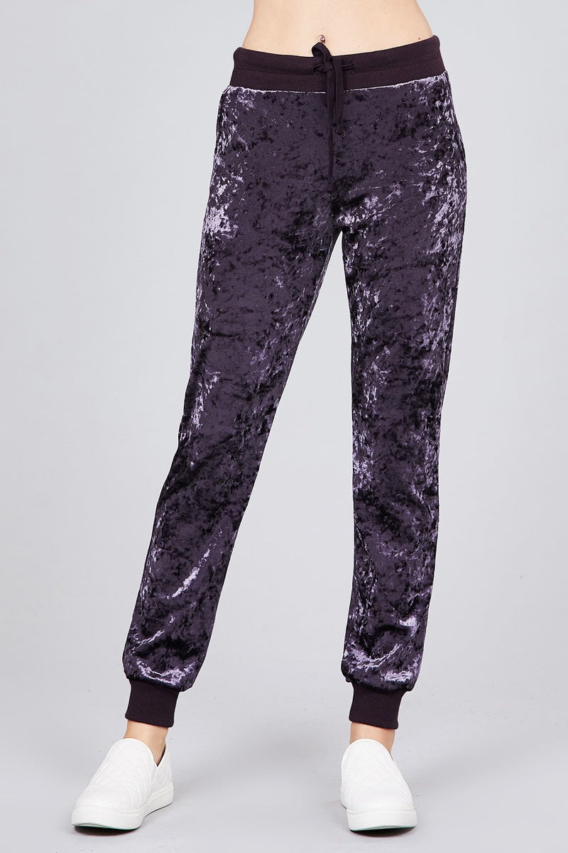 Waist contrast band w/drawstring ice velvet pants