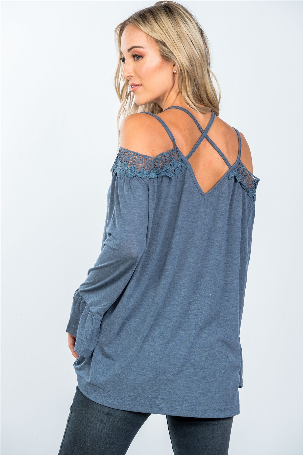 Boho cold shoulder crochet back-cross top