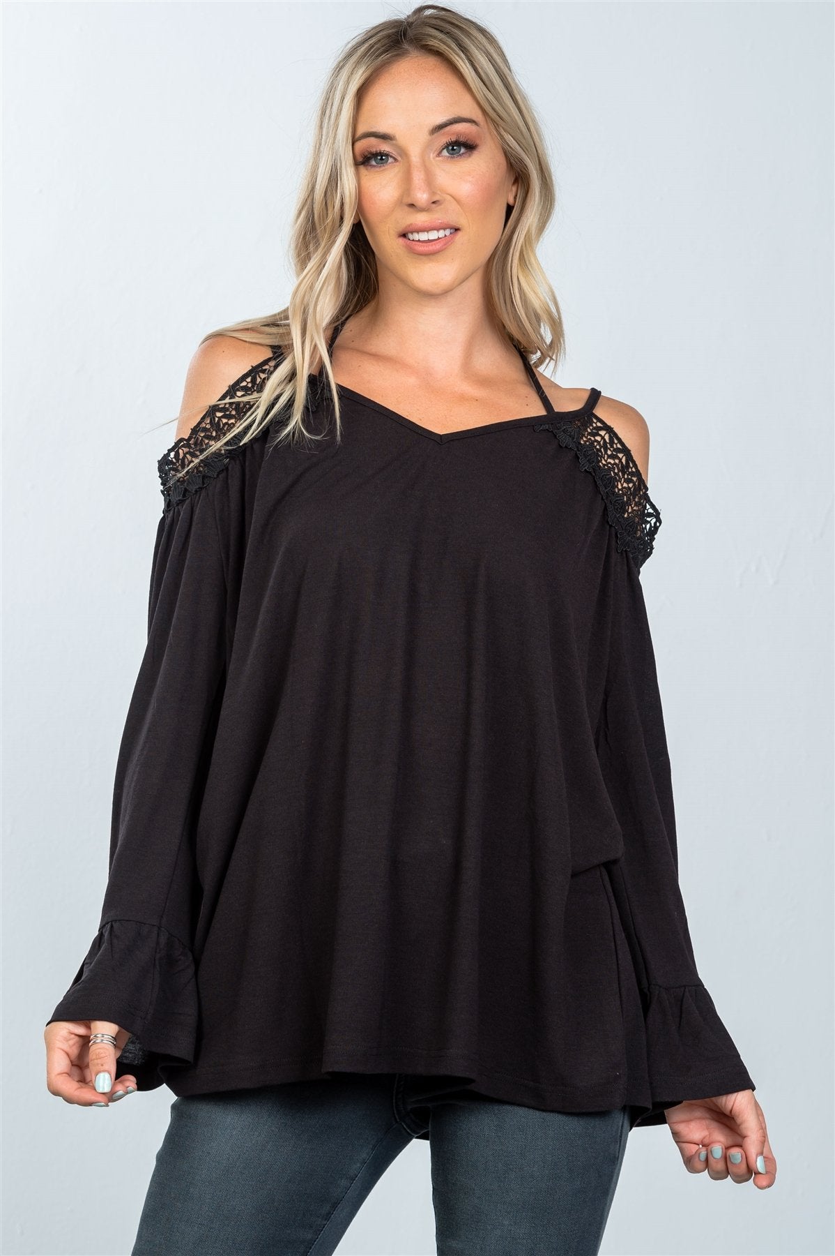 Boho cold shoulder crochet back-cross top