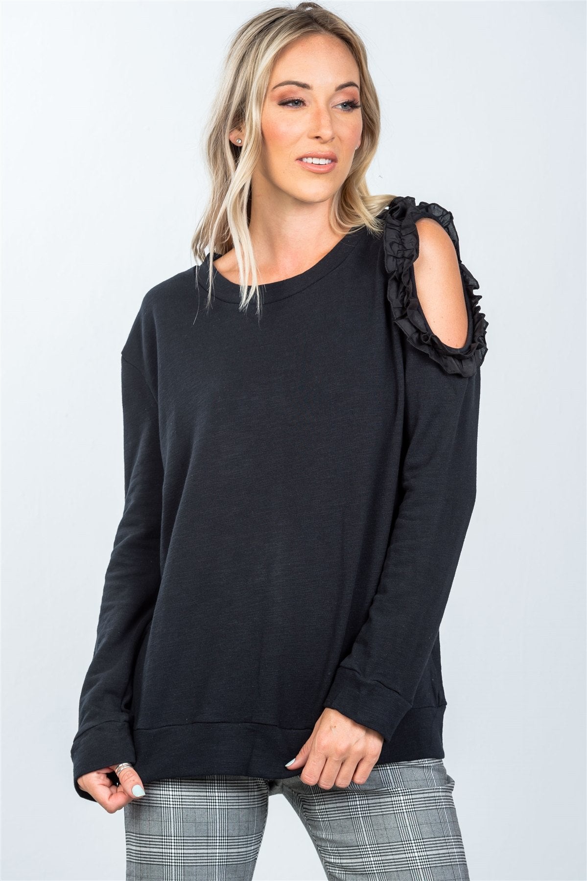 Black one side cold shoulder ruffle cutout sweater