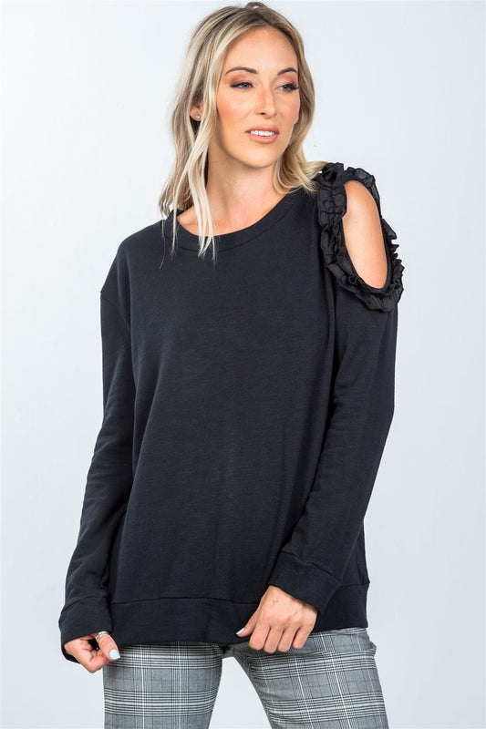 Black one side cold shoulder ruffle cutout sweater