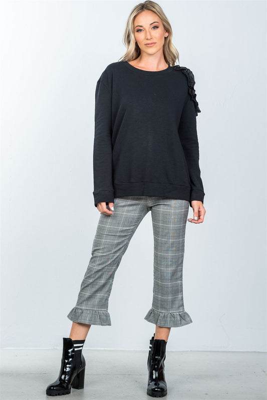 Black one side cold shoulder ruffle cutout sweater