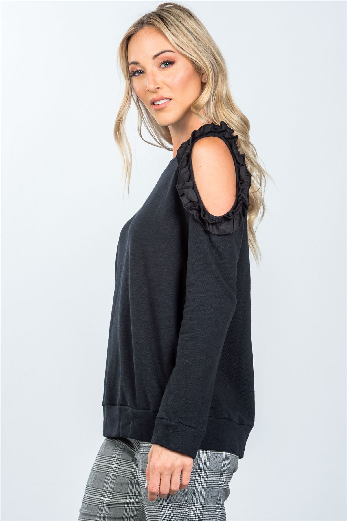 Black one side cold shoulder ruffle cutout sweater
