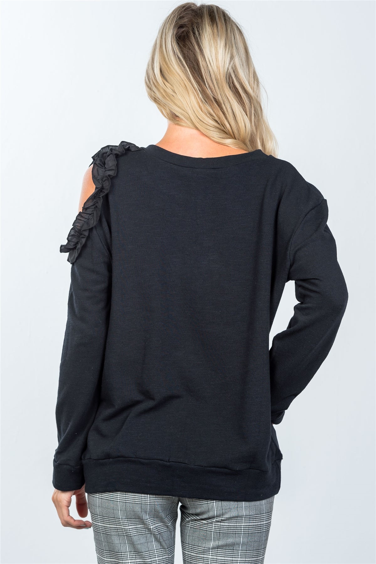 Black one side cold shoulder ruffle cutout sweater