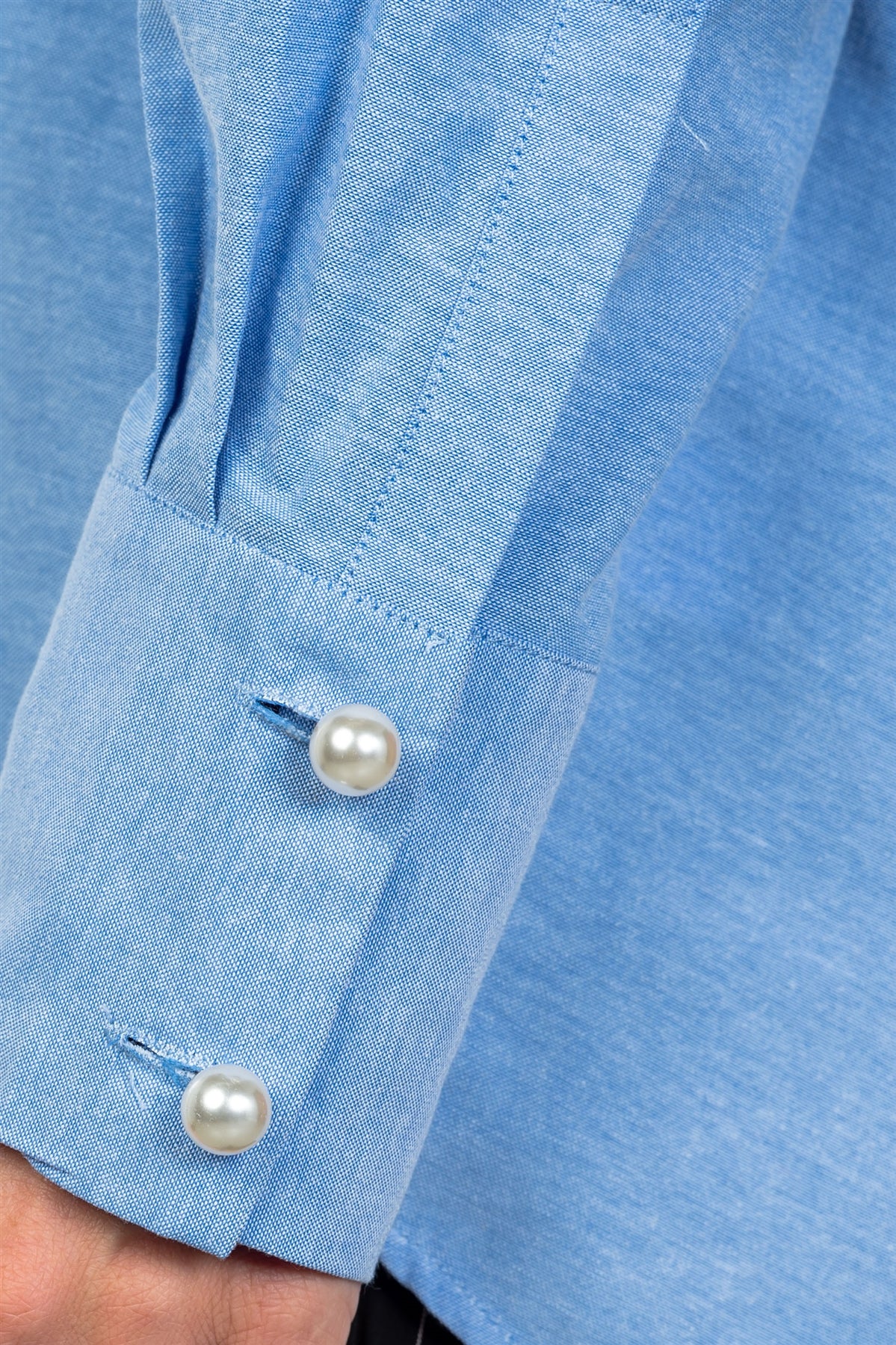 Denim blue faux pearl hi-low hem shirt