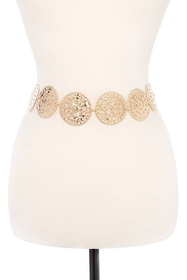 Floral cut out disk link metal chain belt