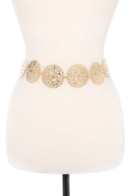 Floral cut out disk link metal chain belt