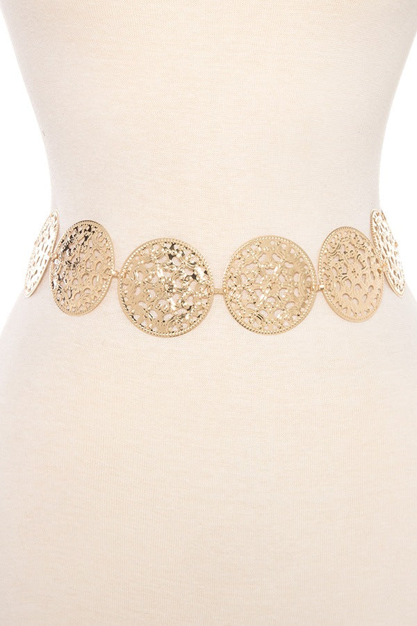 Floral cut out disk link metal chain belt