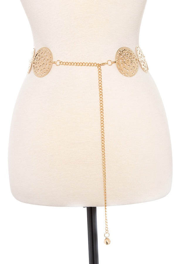 Floral cut out disk link metal chain belt
