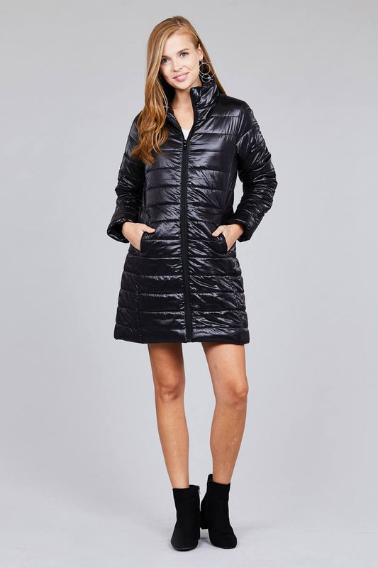 Ladies fashion plus size long sleeve quilted long padding jacket