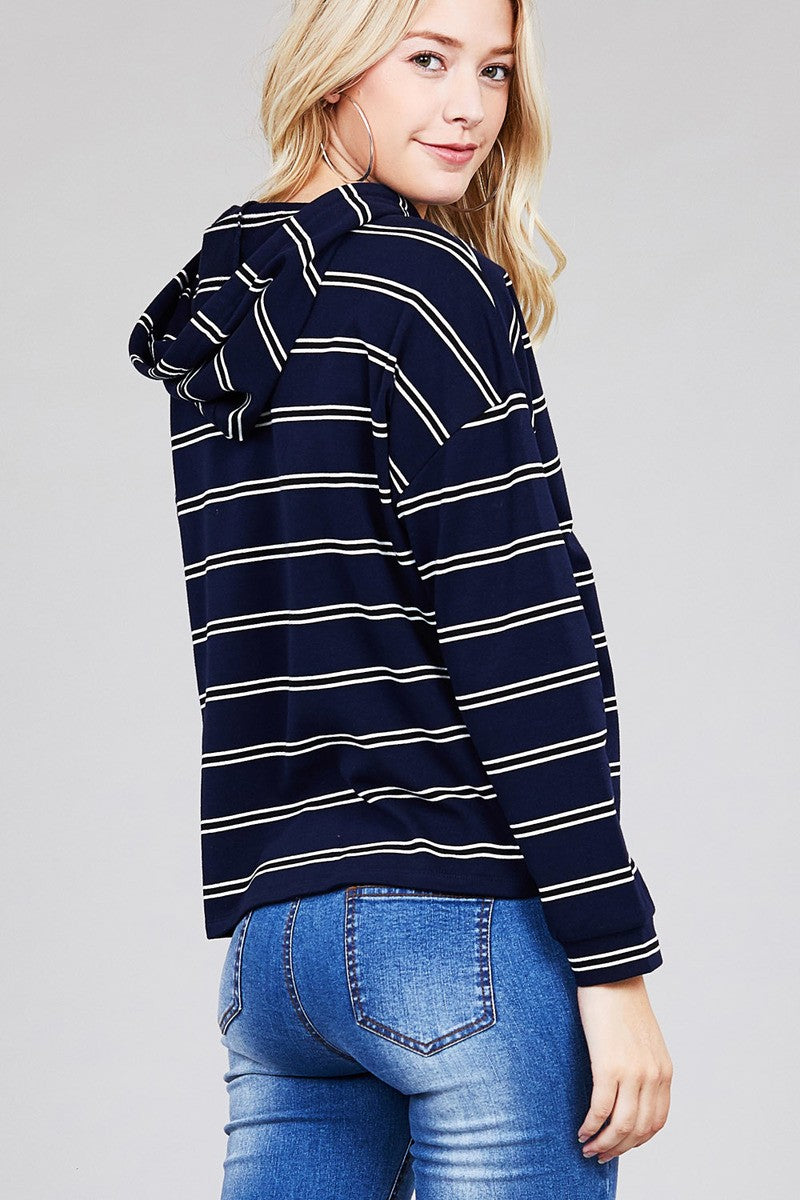 Ladies fashion plus size long sleeve hoodie w/drawstring stripe french terry top