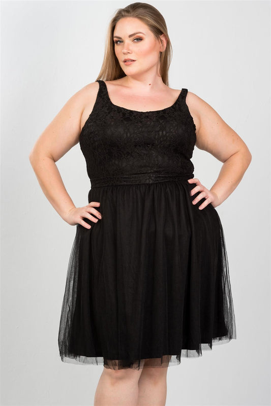 Ladies fashion plus size lace top midi dress with tulle skirt
