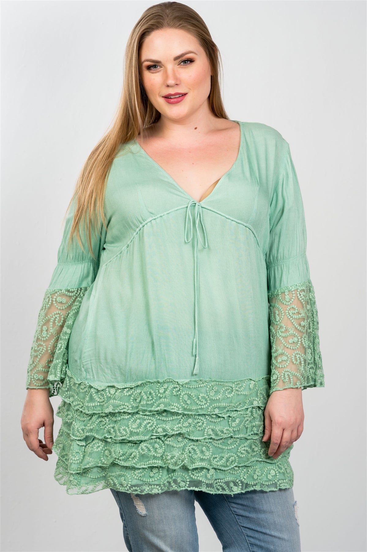 Ladies fashion plus size lace hem v neck tunic top