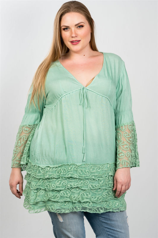 Ladies fashion plus size lace hem v neck tunic top