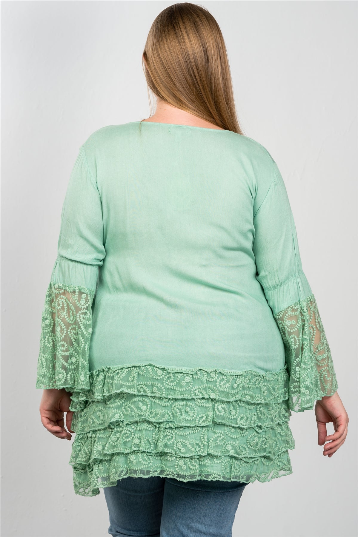 Ladies fashion plus size lace hem v neck tunic top