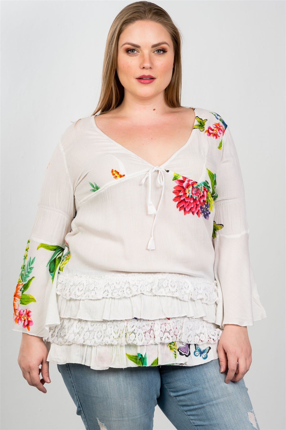 Ladies fashion plus size boho floral mix print lace ruffle hem top