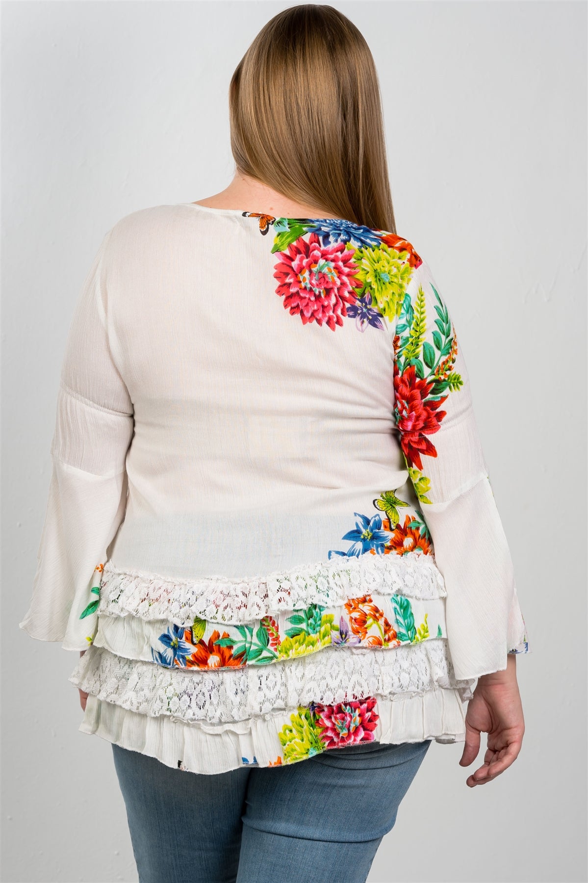 Ladies fashion plus size boho floral mix print lace ruffle hem top