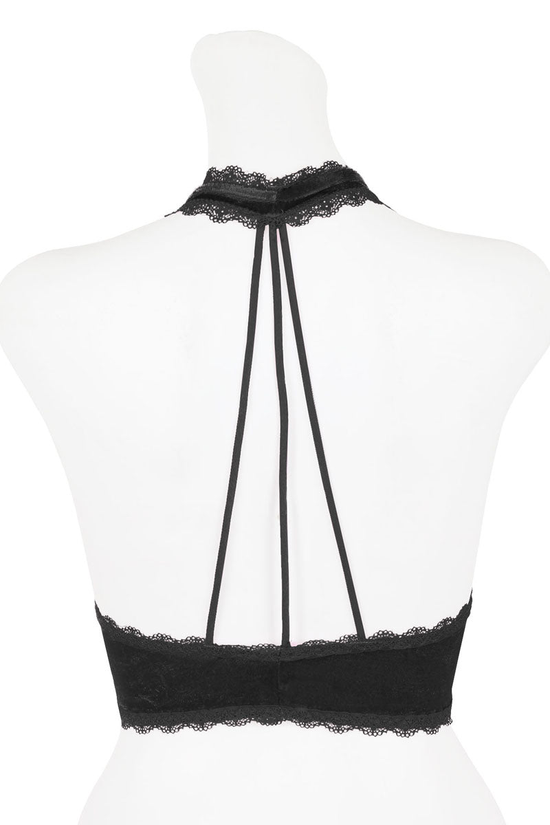 Velvet halter bralette w/trim lace