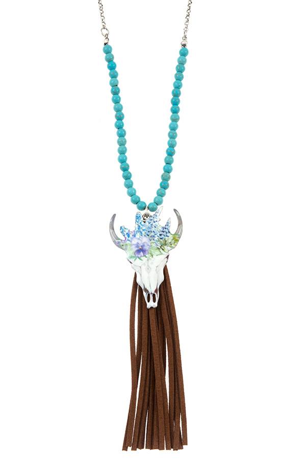 Etched bull suede tassel beaded long necklace set