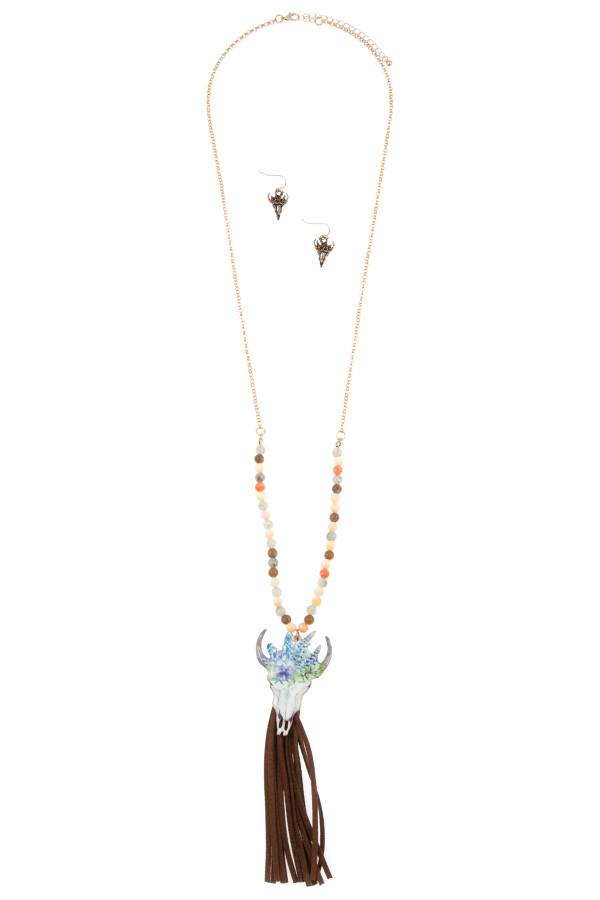 Etched bull suede tassel beaded long necklace set