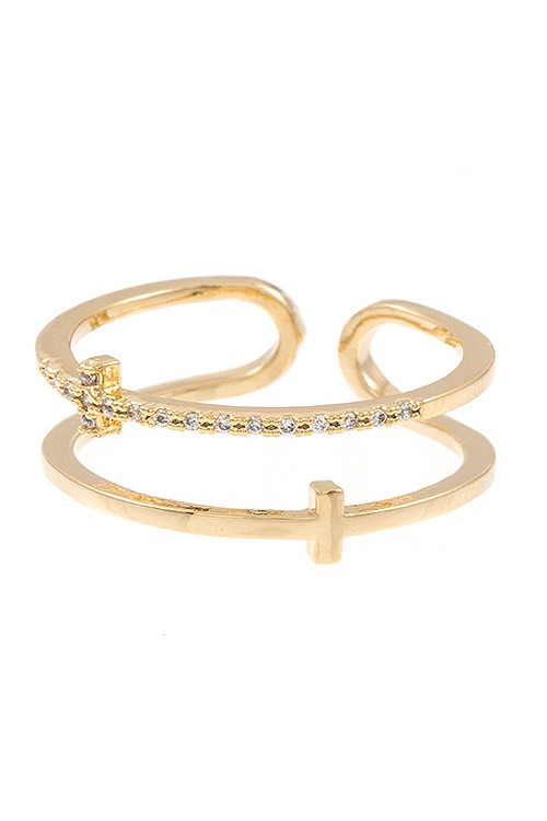 Cz stone cross accent cuff ring