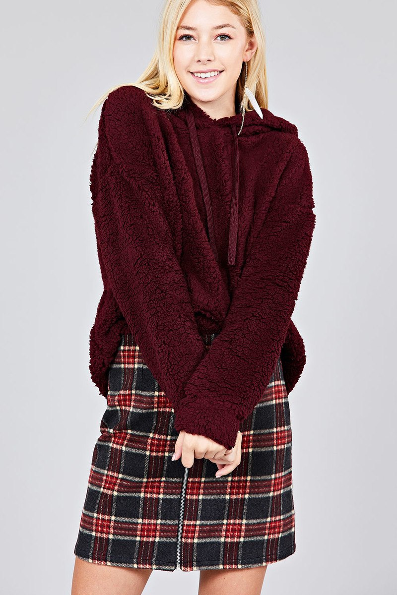 Ladies fashion long sleeve hoodie drawstring faux fur top