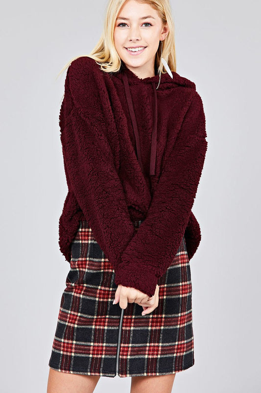 Ladies fashion long sleeve hoodie drawstring faux fur top