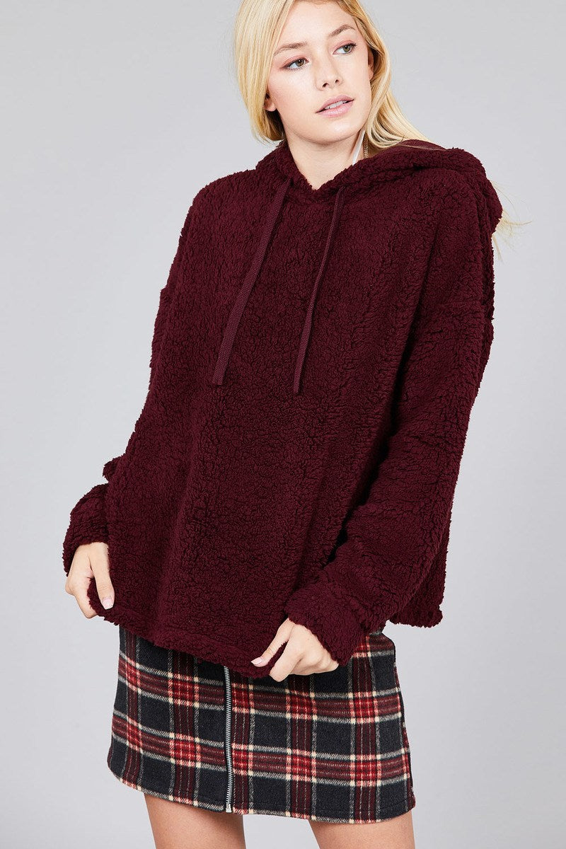 Ladies fashion long sleeve hoodie drawstring faux fur top
