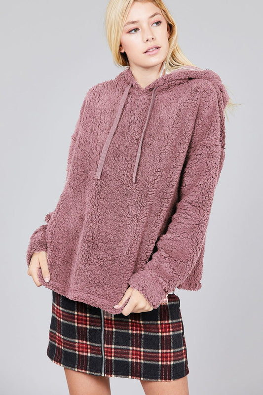 Ladies fashion long sleeve hoodie drawstring faux fur top