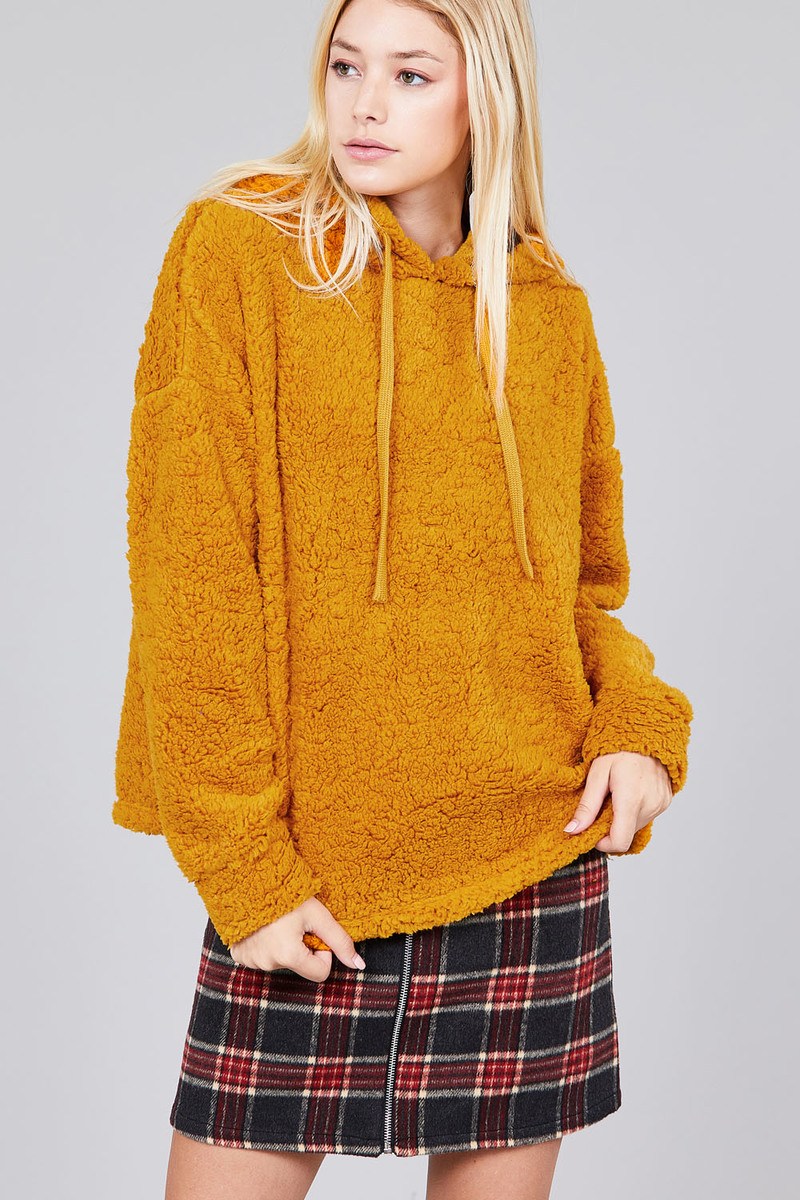 Ladies fashion long sleeve hoodie drawstring faux fur top
